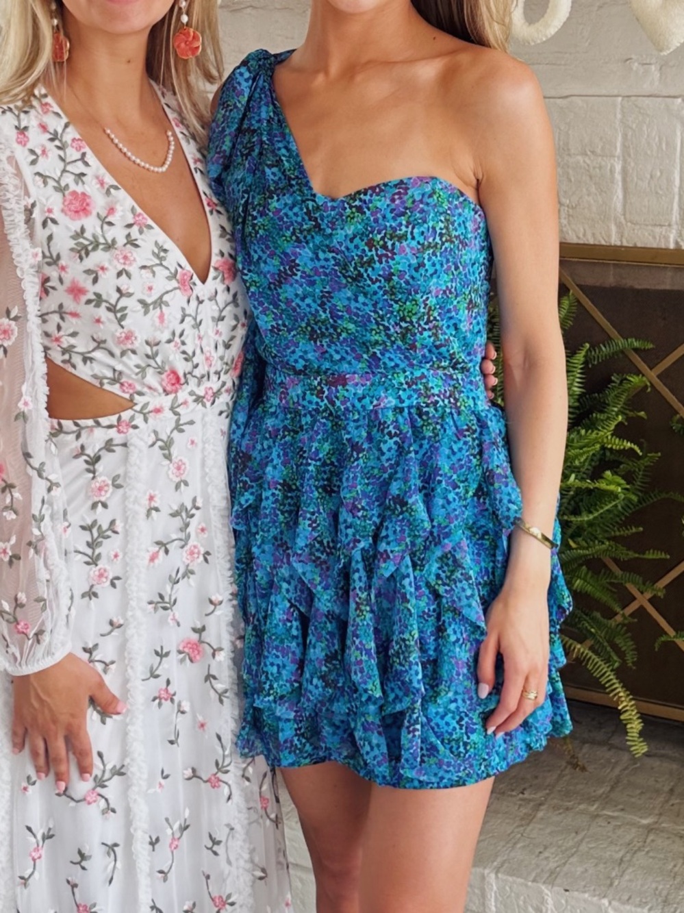 French Connection Blue & Teal Floral One-Shoulder Ruffle Mini Dress